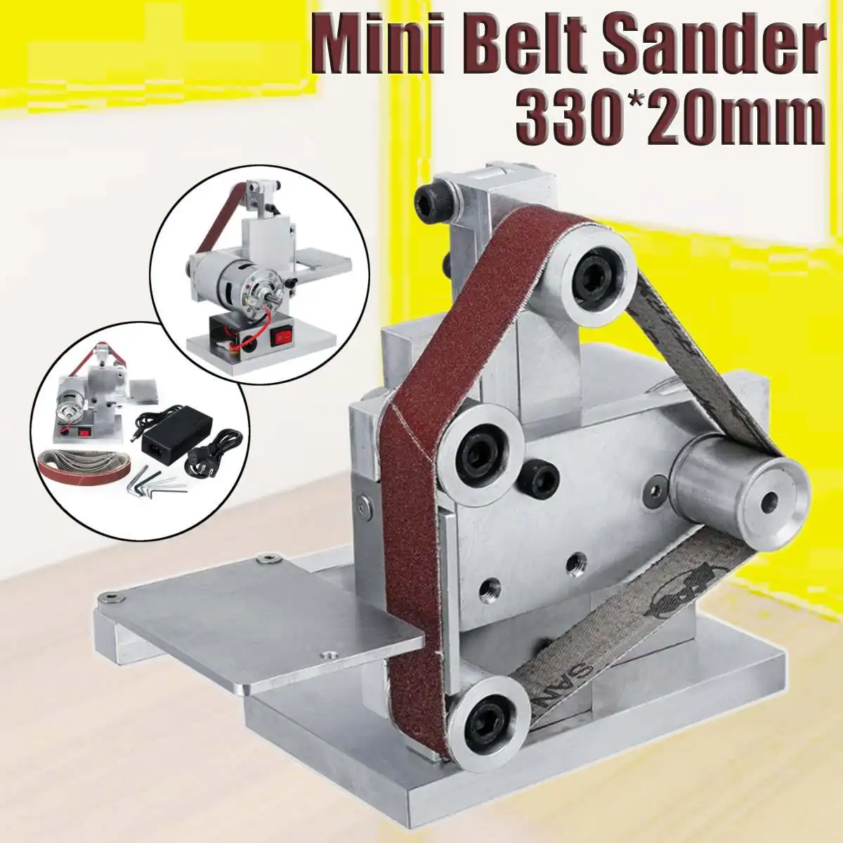 

330x20MM Mini Belt Sander Machine DIY Sanding Grinding Sharpening With 7-speed Speed Control Power Supply