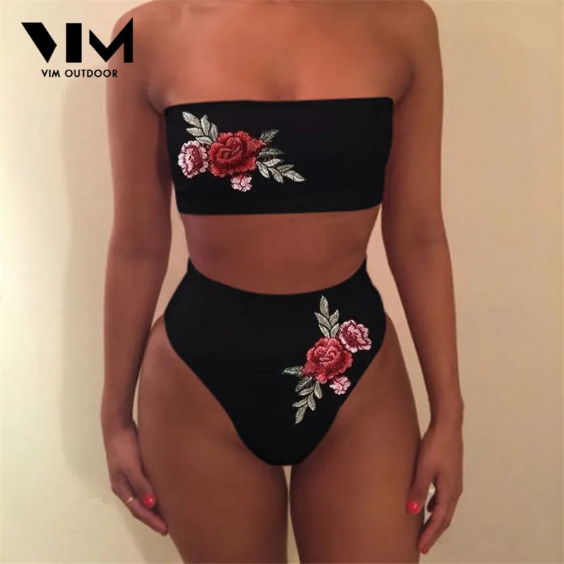 

VIM Outdoor Sexy Women Embroidered Bikini Set Push Up Solid Bathing Suit Swimwear Beach Swimsuit Two-pieces Bandeau High Waist