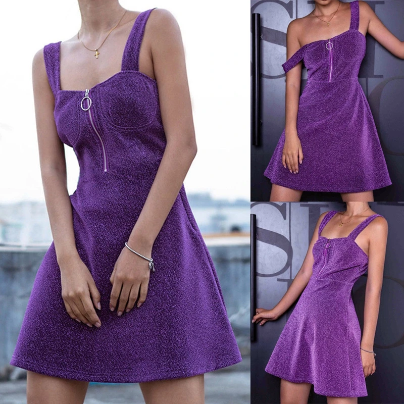

Women's Zipper A-Line Sequin Strappy Vintage Dress Evening Party Short Mini Dress