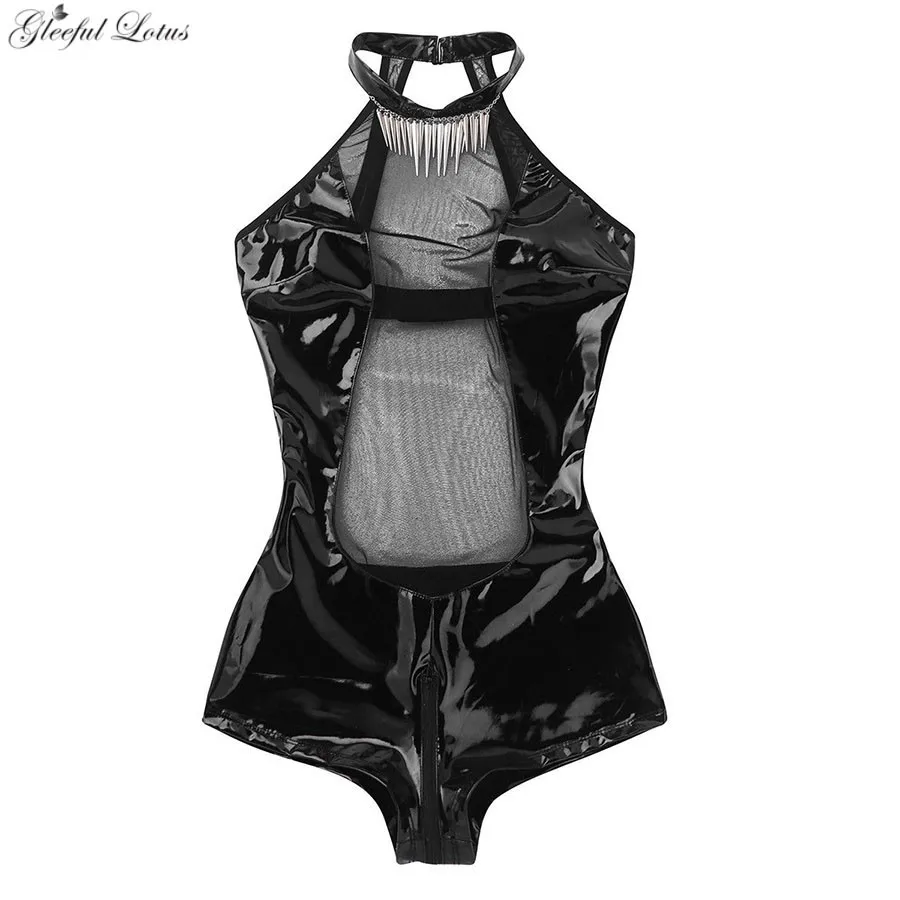 Сексуальное кожаное боди прозрачное Wetlook белье горячее эротическое женское