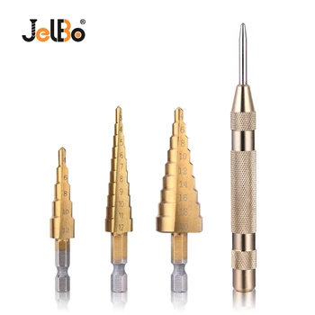

JelBo 4 in 1 Step Drill Bit Drilling machine HSS Titanium Coated 4-12/4-20/3-12mm Step Dill Bit with Automatic Center Punch
