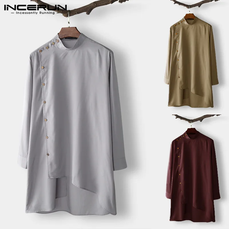 

INCERUN 2019 Men Shirt Indian Kurta Suit Long Sleeve Islamic Arab Shirt Muslim Clothes Men Irregular Hem Solid Shirts Plus Size