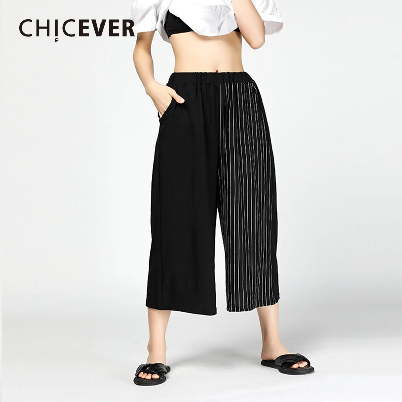 CHICEVER 2020 Spliced Striped Women's Trousers High Elastic Waist Loose Big Size Calf-Length Straight Pants Fashion New | Женская