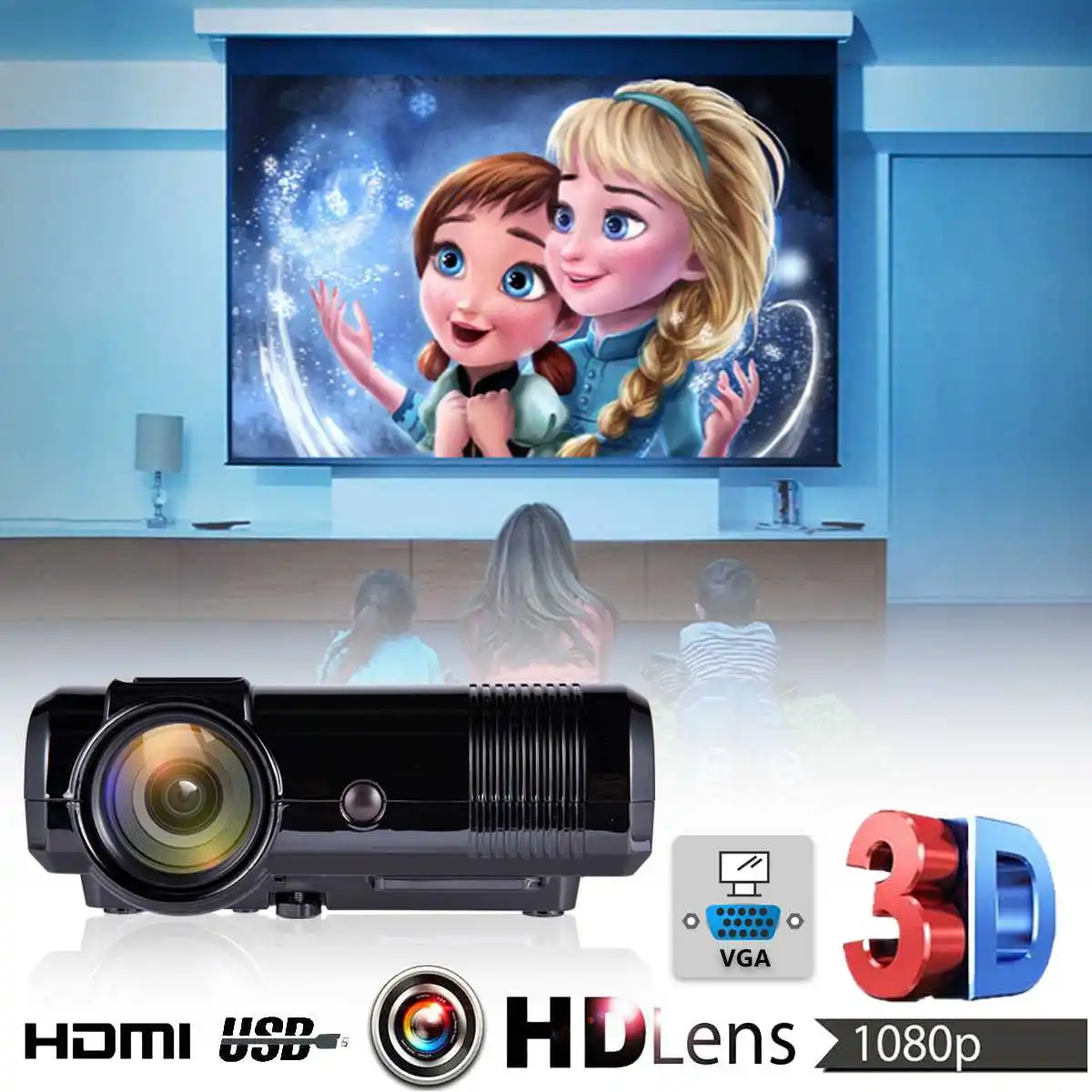 3D 1080P Mini Projector Full HD L8 3000 lumens LED Cinema Video Digital HD Home Theater Projector with AV Cable Power Cable
