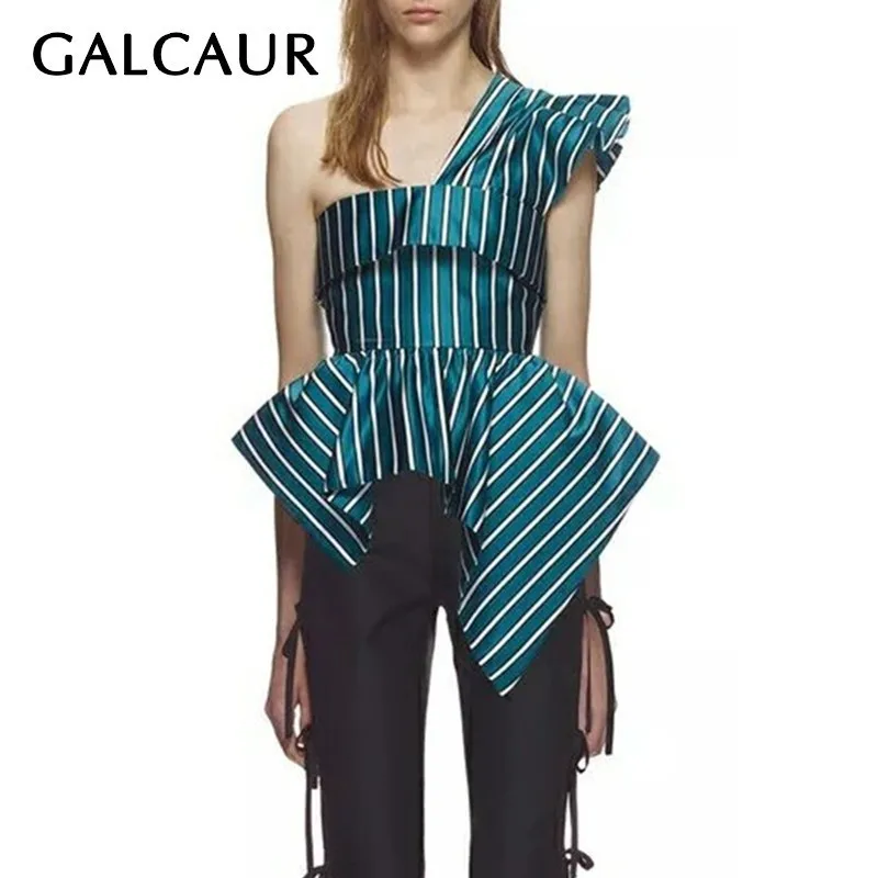 

GALCAUR Summer Striped Blouse For Women Off Shoulder Tunic Ruffles Irregular Crop Tops Female Fashion 2019 Summer New Tide