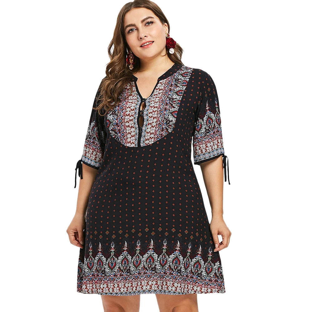

Sovalro Plus Size Ethnic Buttons Embellished Dress Women V-Neck Summer Boho Dress Geometric Print A-Line Dress Casual Vestidos