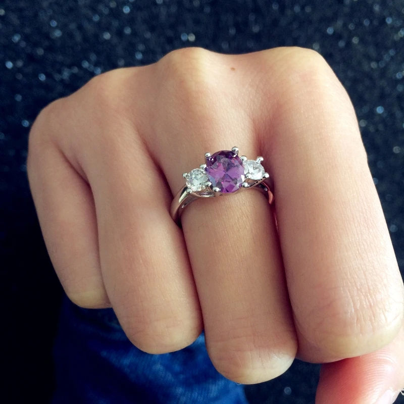 

Huitan Vintage Ring with Halo Oval Shape Purple Cubic Zirconia Luxury Jewelry Valentines Gift Fashion Party Rings for Women
