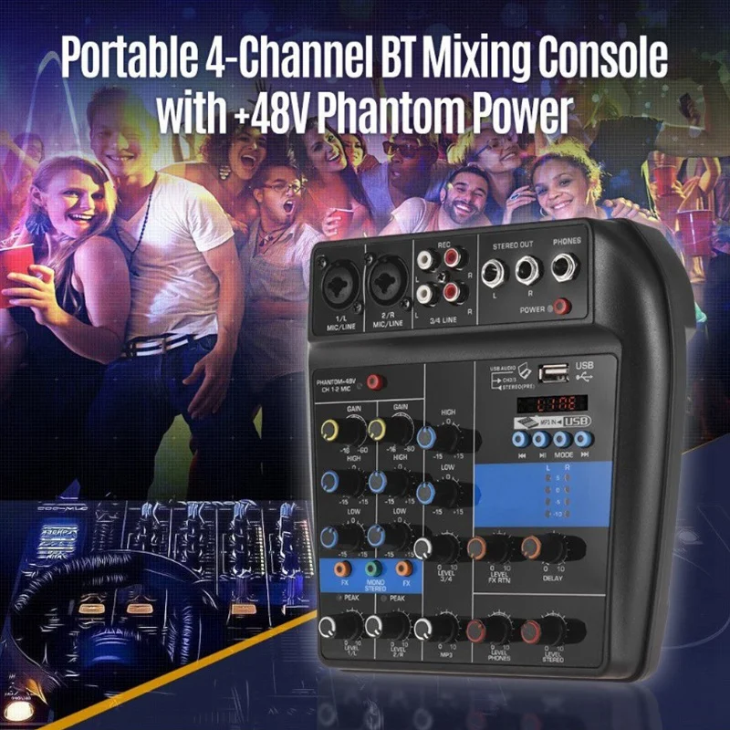 Portable Bluetooth A4 Sound Mixing Console Audio Mixer Record 48V Phantom Power Effects 4 Channels Audio Mixer With Usb(Eu Plu Portable Bluetooth A4 Sound Mixing Console Audio Mixer Record 48V Phantom Power Effects 4 Channels Audio Mixer With Usb(Eu Plu