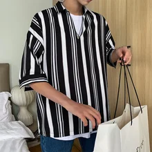 Весна и лето Новая Популярная Корейская версия Студенческая тонкая модная парная полосатая рубашка с v-образным вырезом и пятиточечным рукавом Лучшая
