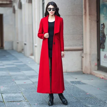 

High Quality Wool Content 55% Women Winter Wool Coat Fashion Collar Style Red Cashmere Coat Long Paragraph Woolen Coat Overcoat