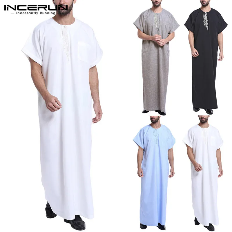 

INCERUN Men Arab Islamic Muslim Kaftan Abaya Print Short Sleeve Robes Retro Dubai Saudi Arabia Men Dress Kaftan Jubba Thobe 2019