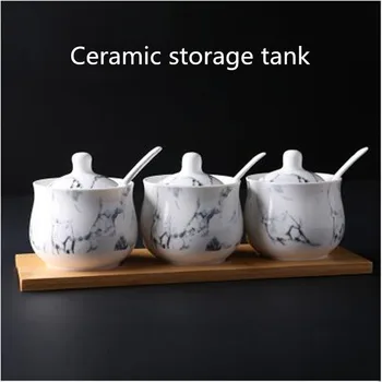 

Home restaurant simple ceramic seasoning jar three-piece kitchen flavoring spice jar set household storage tank
