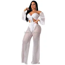 Sexy Club conjunto de dos piezas ropa de mujer Fishnet Corps camiseta y pantalones 2 uds conjuntos a juego ver a través de verano conjuntos de playa 2019(China)
