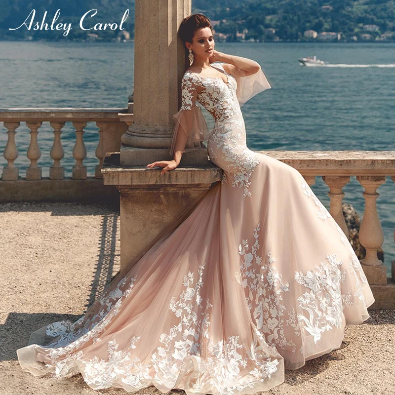 

Ashley Carol Vintage Mermaid Wedding Dress 2019 Sexy V-neck Flare Sleeve Court Train Romantic Bride Gown Wedding Veil Customized