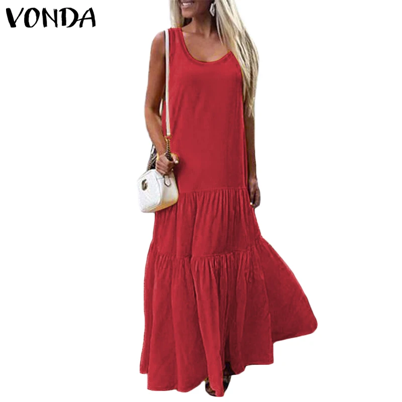 VONDA Women Dress 2021 Summer Beach V Neck Sleeveless Maxi Long Party