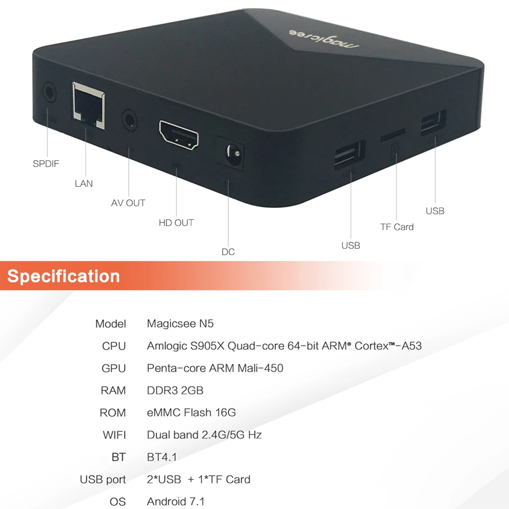 Magicsee N5 Android 7.1.2 TV Box 2GB / 16GB Amlogic S905X Quad core 4K 2 4G/5G Dual Band WiFi H.265 LED BT4.1 HD