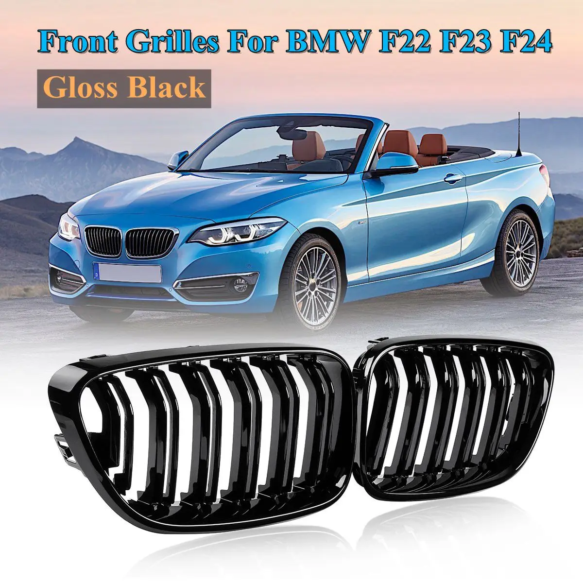 

1 Pair Front Bumper 2 Line Slat Kidney Grill Gloss Black For BMW F22 F23 F24 2 Series 2012 2013 204 2015-2018 Racing Grills
