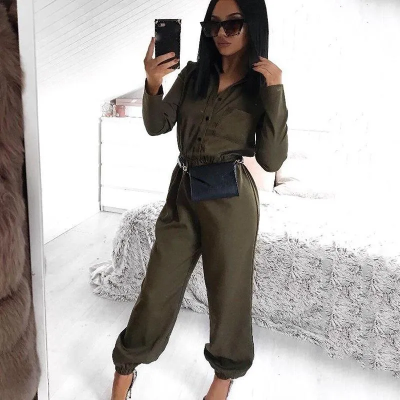 

Button Turn-down Collar Rompers Women Sexy Long Sleeve Belt Military Jumpsuit