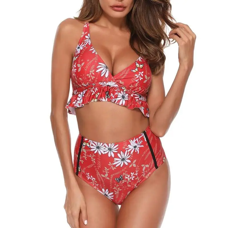 

Sexy Bikini Set Women Floral Print Ruffle Swimsuit Crisscross Bra Summer Beach Bathing Suit Swimwear