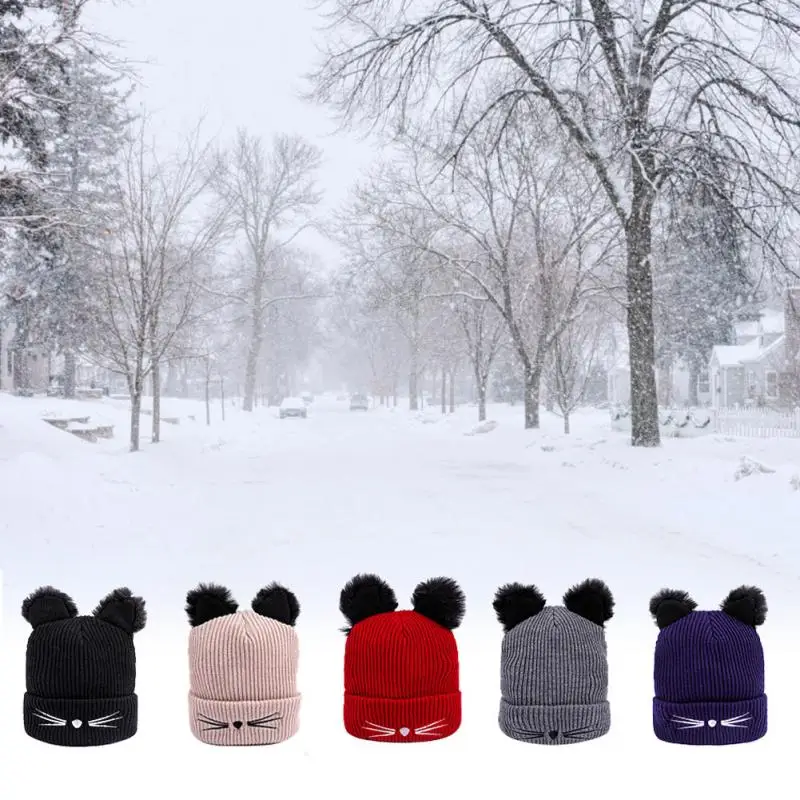 Вязаная шапка унисекс для мужчин и женщин с вышивкой кошачьими ушками зимняя