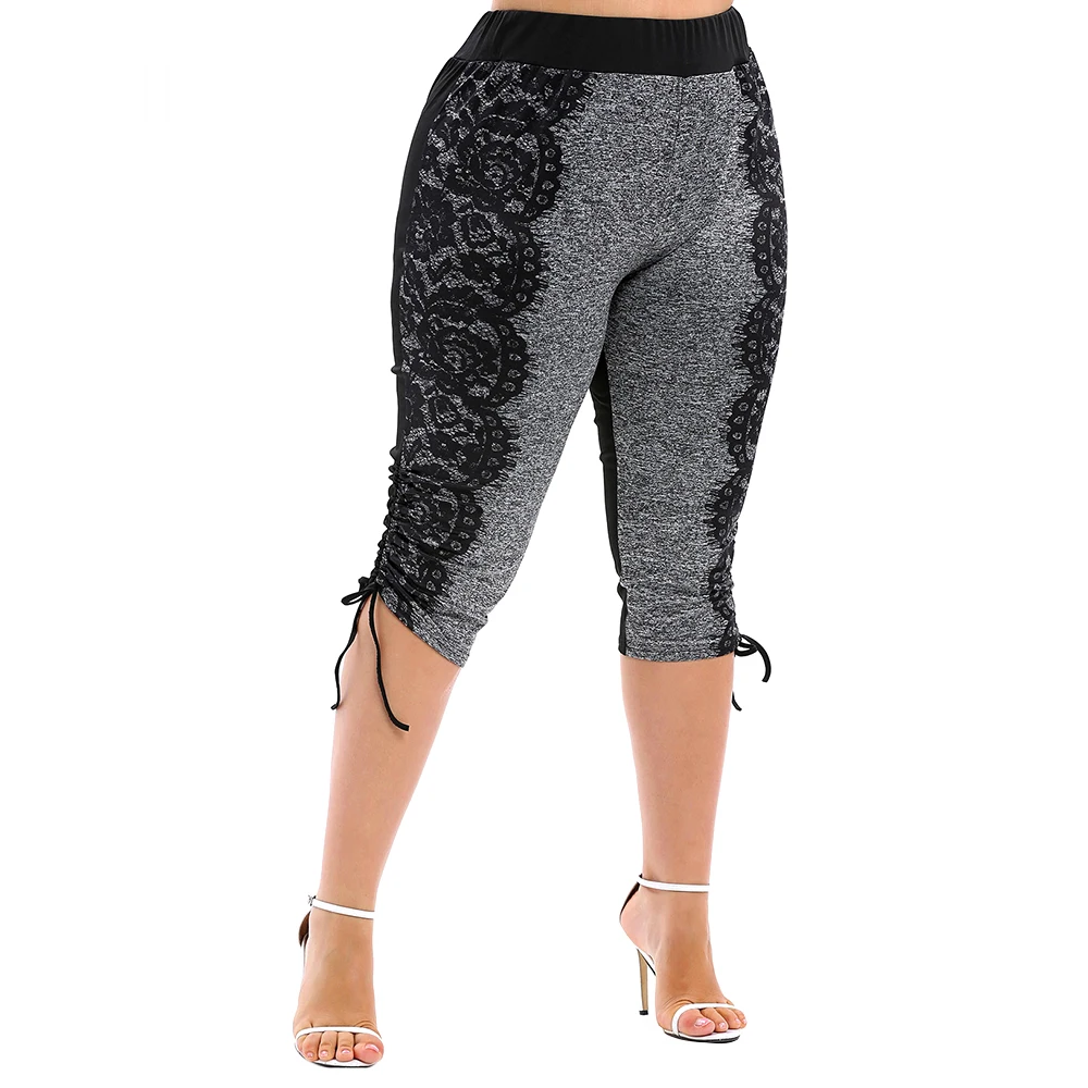 Plus Size Leggins 3D Lace Print Drawstring Capri Leggings Elastic High ...