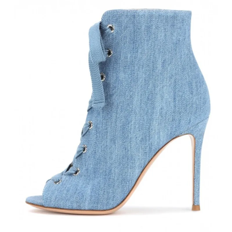

Moraima snc 2019 fashion hot Selling high-heeled large size short boots fish mouth denim cool boots
