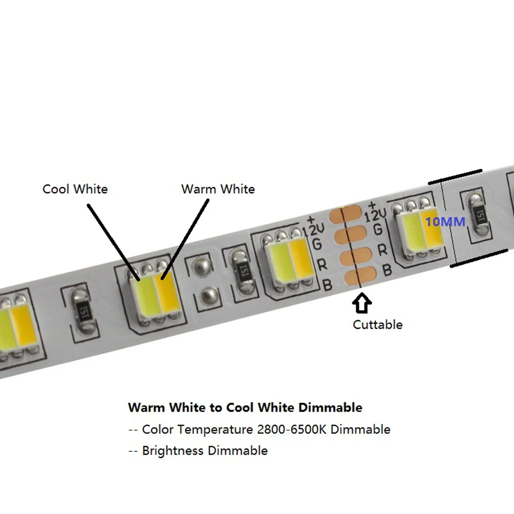 CCT Светодиодная лента 12 В с регулируемой яркостью WW CW SMD 5050 теплый белый холодный