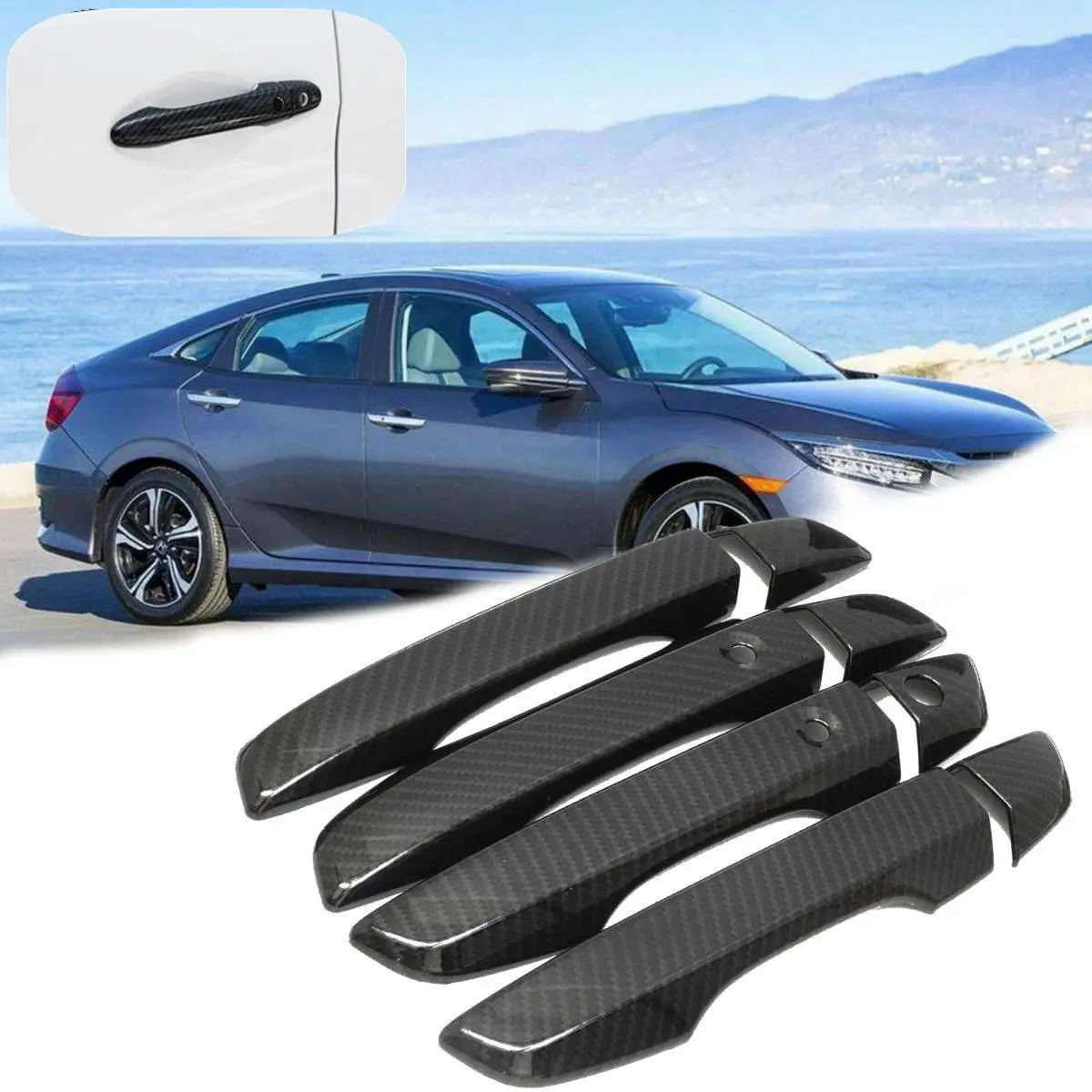 8pcs Carbon Fiber Style Car Exterior Door Handle Cover Trim For Honda