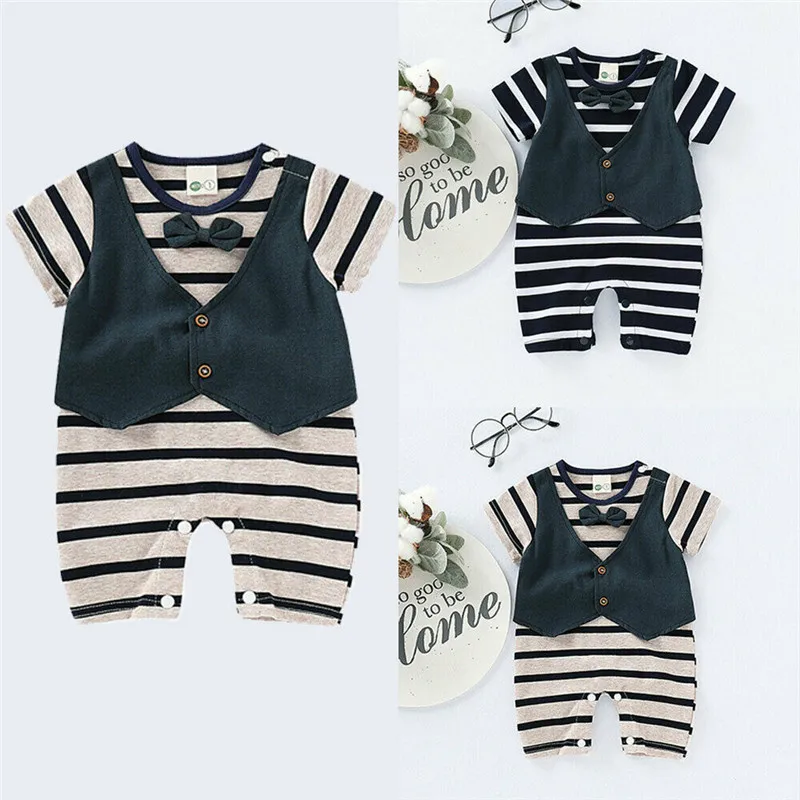 

Kids Toddler Baby Boy Romper Gentlemen Striped Bow Tie Short Sleeve Jumpsuit Patchwork Party Sunsuit Summer Boy Clothes 0-18M