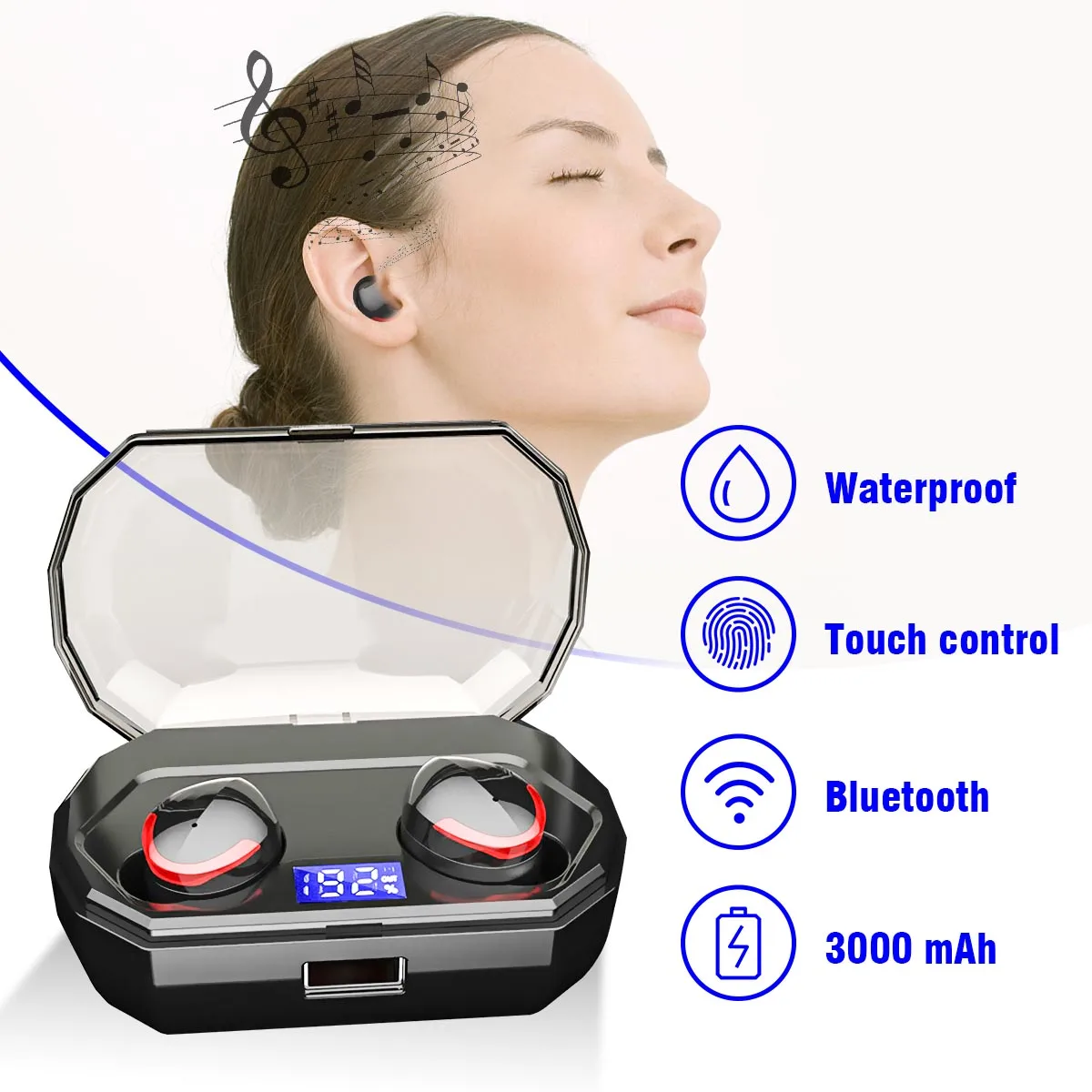 

bluetooth 5.0 Wireless Earphone Headset IPX7 Waterproof CVC8.0 Noise Cancelling 3000mAh Charging Box Power Bank for Phone PC