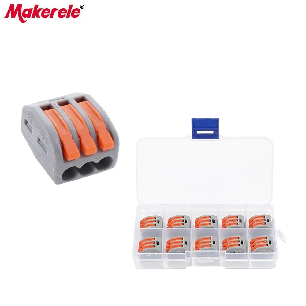 

Makerele 10pcs Universal Compact Fast Wire Connector 3 Pin Mini Connector Conductors Terminal Block 32A MKVSE-413 Plastic Box