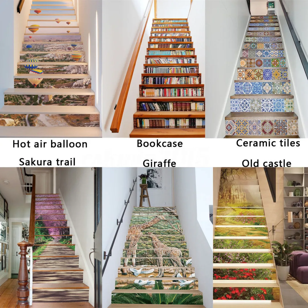UK 13pcs 3D Bookcase Stair Riser Staircase Sticker Mural Decal Scenery Wallpaper