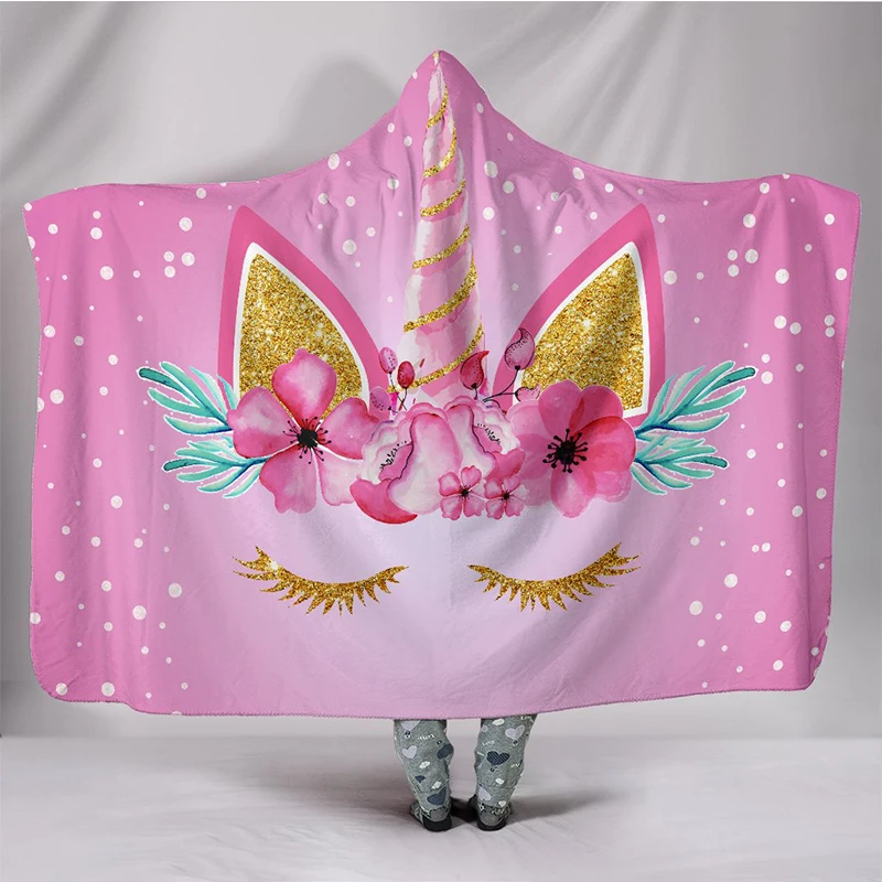 Плюшевое одеяло с капюшоном с 3D принтом в виде цветка шампанского, Единорога и пятен для взрослых и детей, теплое переносное Флисовое одеяло s