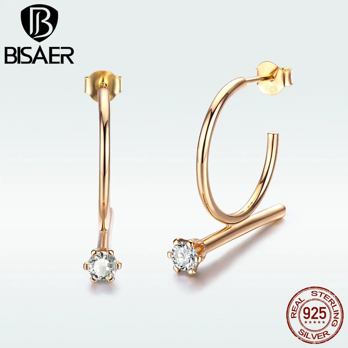 

BISAER 925 Sterling Silver Rose Gold Simple Star line Dangl Earrings For Women Girl Minimalist Elegant Statement Earrings HVE072