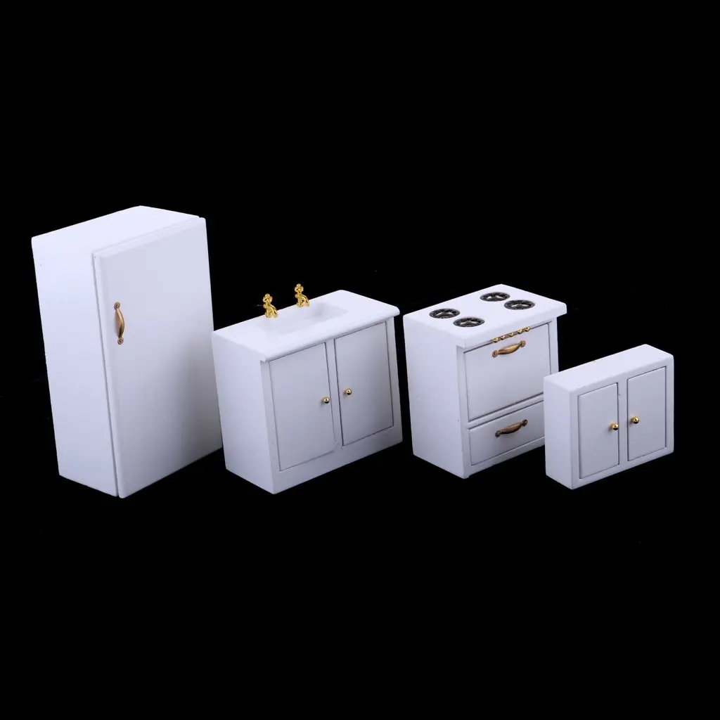  1:12 Scale Dollhouse Kitchen Furniture Wooden Refrigerator Sink Cabinets Model Miniature Doll House - 32971109147