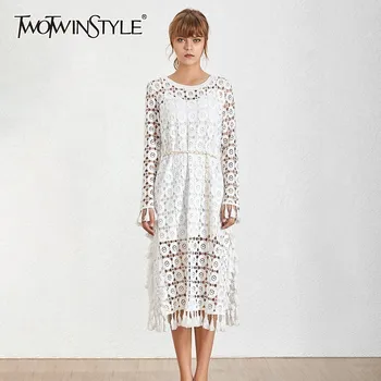 

TWOTWINSTYLE Perspective Ankle Length Dress For Women O Neck Long Sleeve Hollow Out Tassel Patchwork Female Dresses Fashion 2020