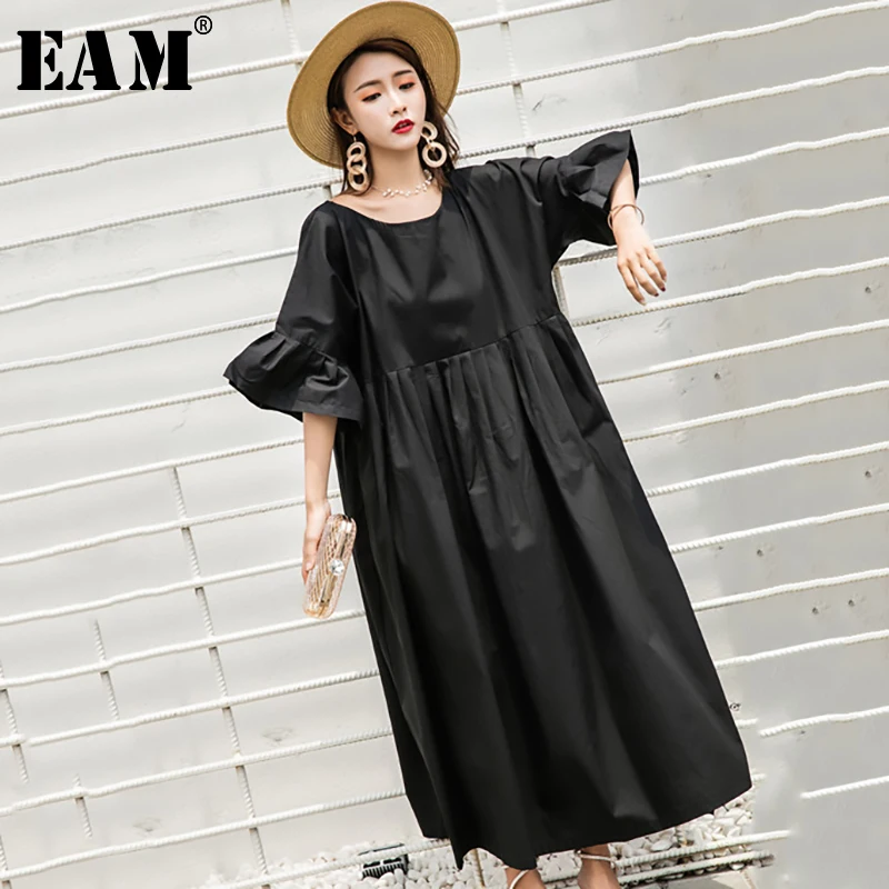 

[EAM] 2019 New Spring Summer Round Neck Short Sleeve Ruffles Split Joint Loose Big Size Long Dress Women Fashion Tide JT702