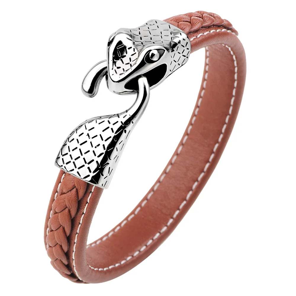 

2019 New Bracelet Personality Fashion Stainless Steel Snake Head Bracelet Leather Woven Men's Bracelet Personality Trend