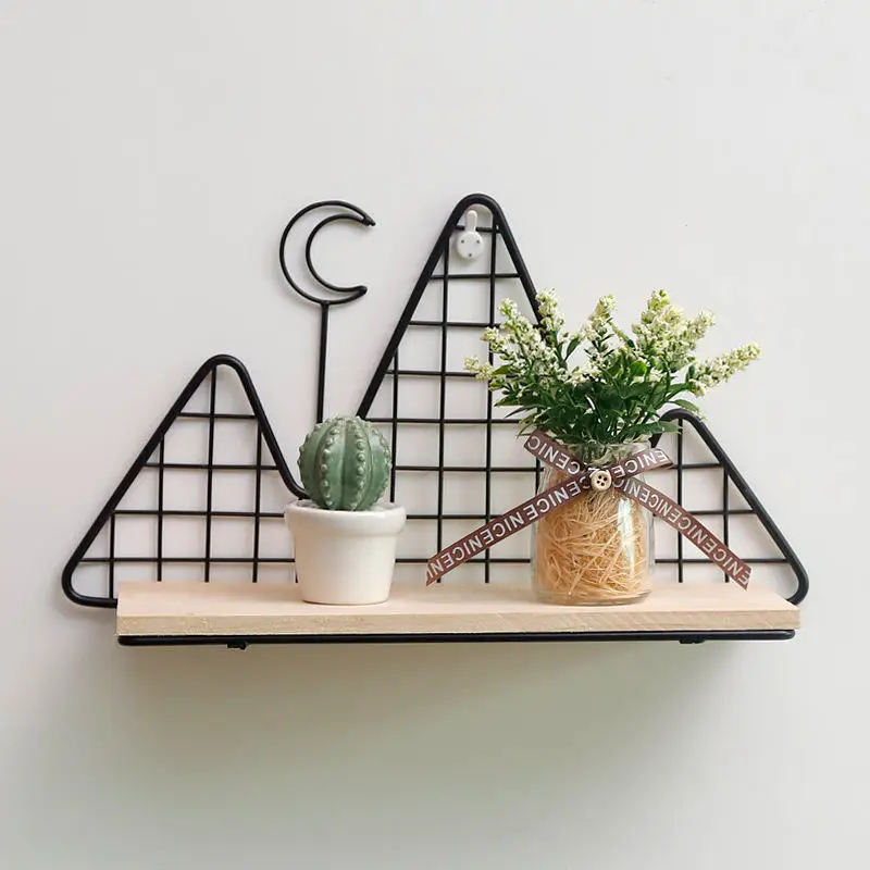 

Multifunctional Wrought Iron Wooden Wall Shelf Ornaments Storage Rack Kitchen Bedroom Bathroom Hanging Decorative Flower Stand