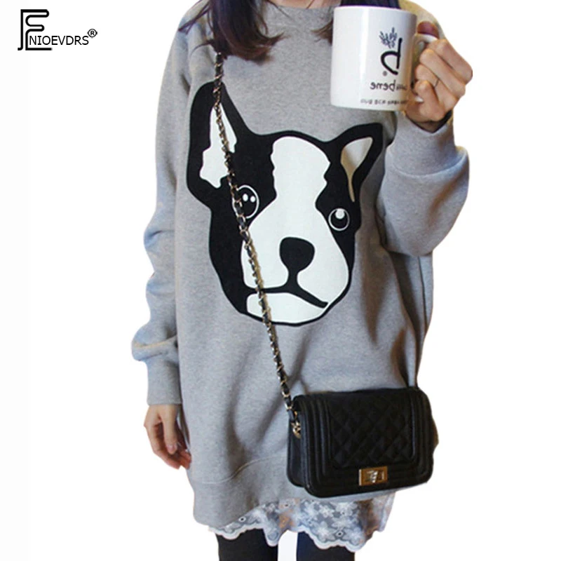 

Winter Hoodie Sweatshirts Hot Women Fashion Long Sleeve Casual Loose Printed Top Patchwork Hollow Out Lace Hoodies Dress 10223