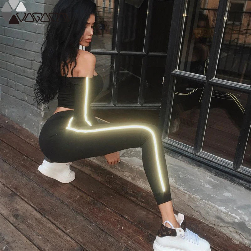 

Athletic New Women 2 Piece Set Side Reflective Stripes Off The Shoulder Crop Top And Elastic Waist Pants Sexy Fitness Tracksuit