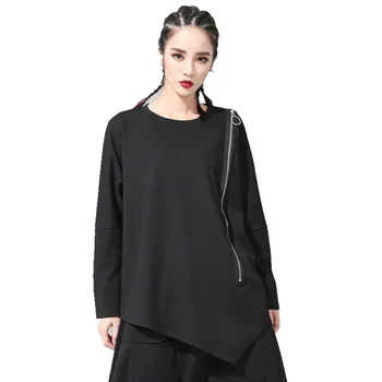 

#1488 Long T Shirt For Women With Zipper Irregular Asymmetrical Top T-shirt Femme Black White Streetwear High Quality Spring2019