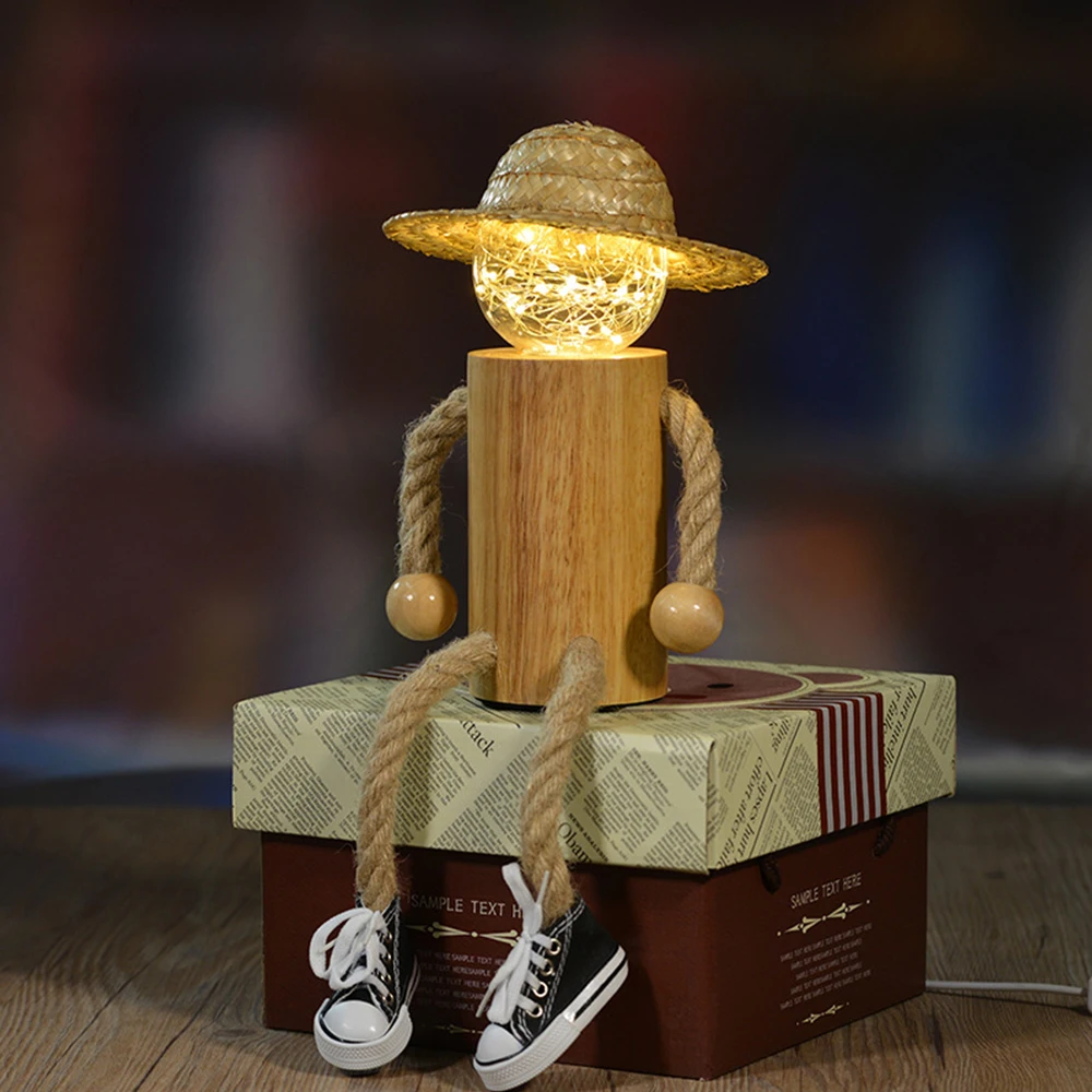 

LED Wooden Puppet Night Light USB Novelty Toy With Remote Controller Hemp Straw Hat Lights Children Home Desk Decoration