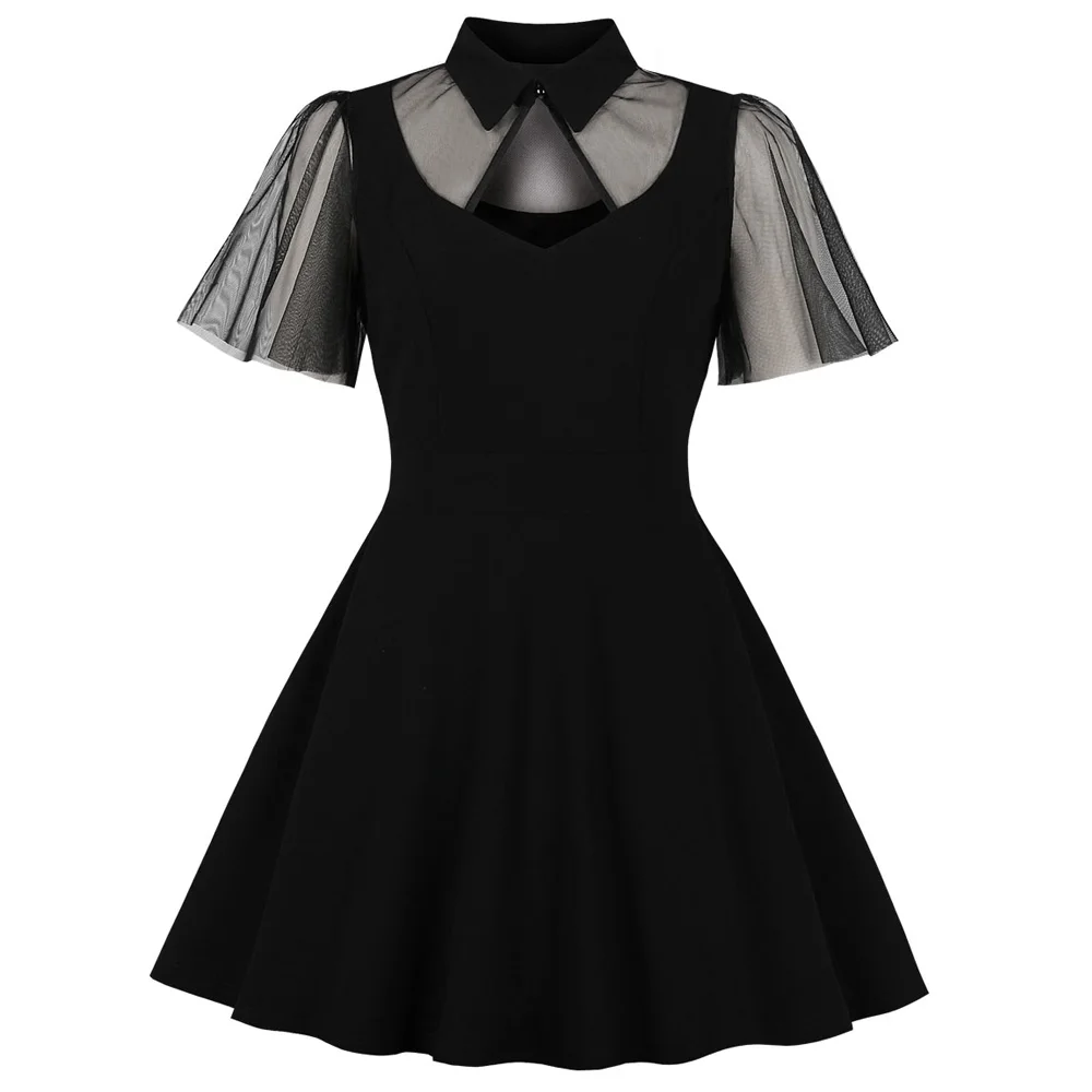 Женское винтажное платье 60s черное с отложным воротником и короткими