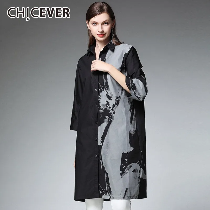 

CHICEVER Spring Hit Color Irregular Print Women Shirt Square Collar Three Quarter Sleeve Button Loose Oversize Slim Blouse New