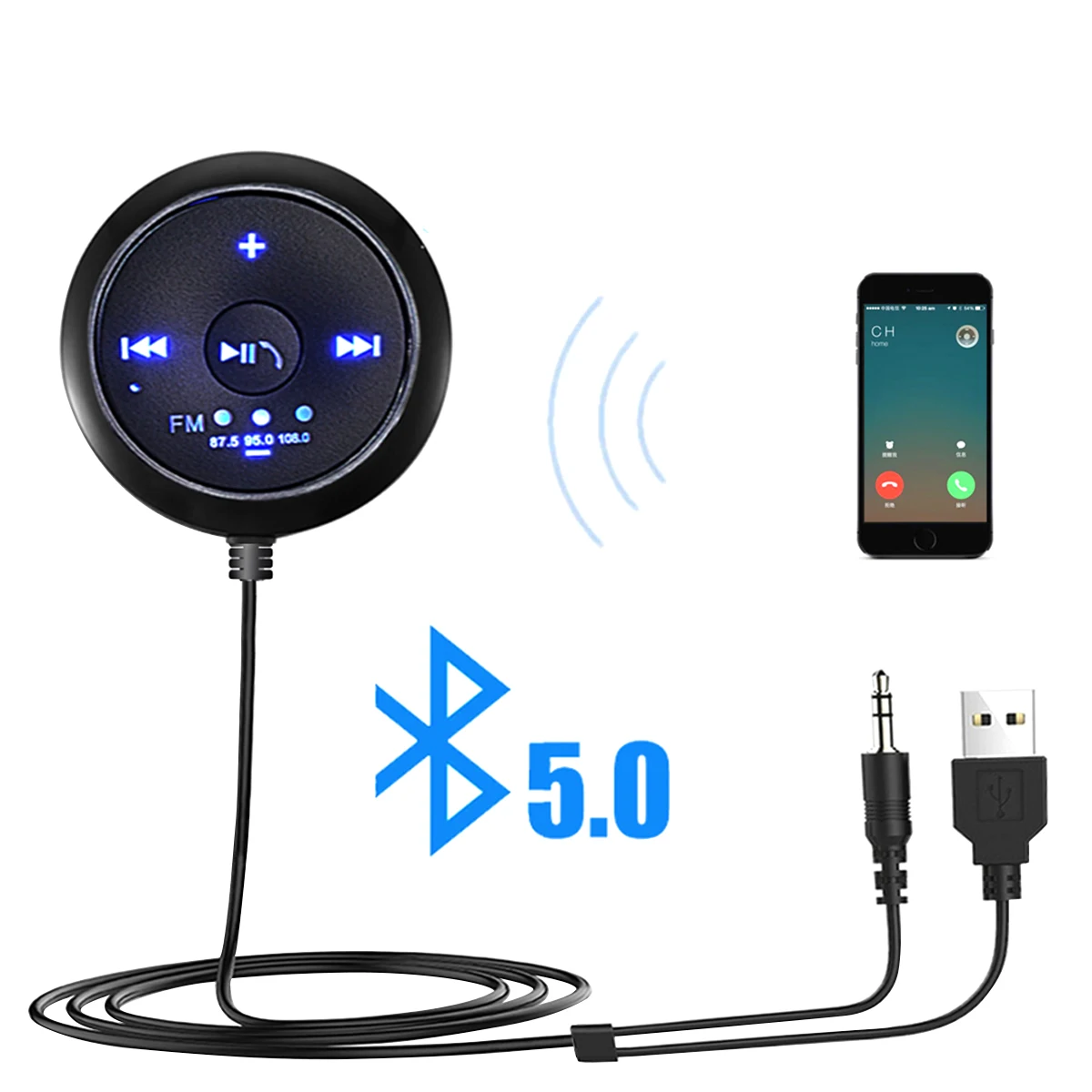 

SOONHUA 3.5mm AUX Car Bluetooth 5.0 Wireless Audio Receiver FM Transmitter Music Player Support Hands-free Call
