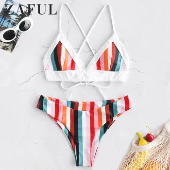 

ZAFUL Colorful Striped Cami Bikini Set Rainbow Swimwear Women Swimsuit Sexy Triangle Bikini 2019 Spaghetti Straps Bikini Push Up