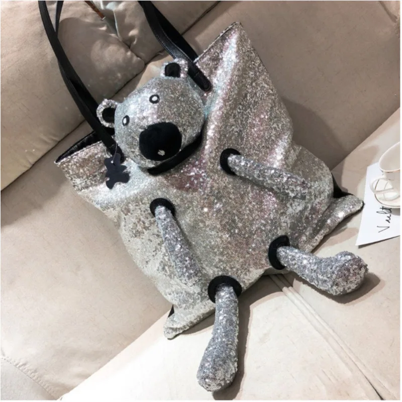 

[Super Seabob] 2019 Silver Color Personality Three-dimensional Spliced Paillette Little Bear Double Handles Shoulder Bag LM355