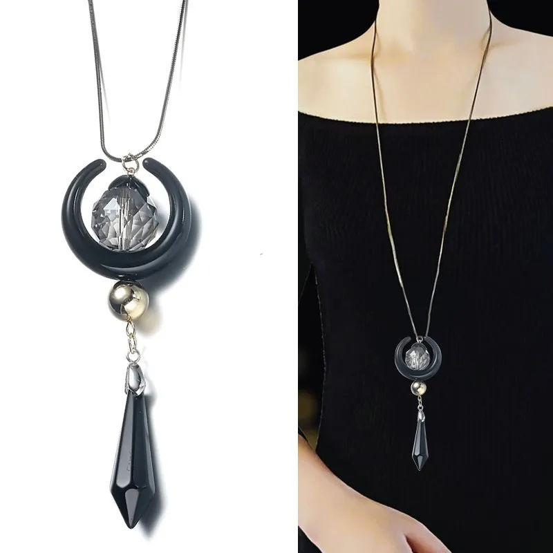 Collier Femme Длинные ожерелья для женщин Модный чёрный акриловый лунный кристалл и