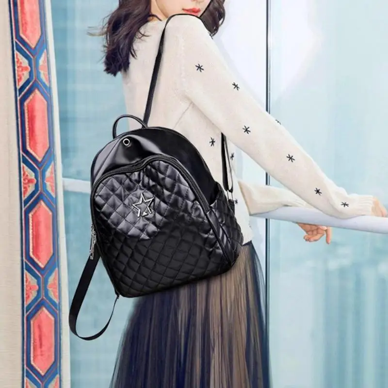

Women Backpack Plaid Star Print Fashion Casual Backpacks Ladies Travel Rucksack PU Leather 2018 Female Black Color mochila Mujer